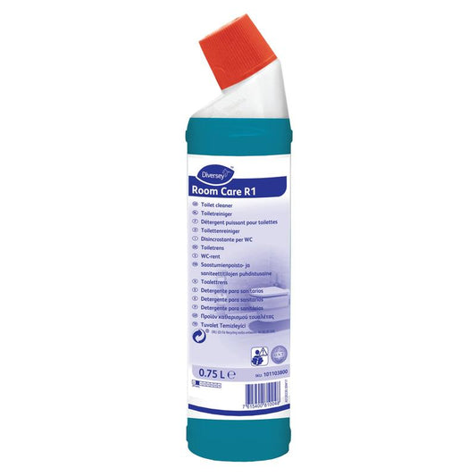 Weiße Kunststoffflasche mit rotem Winkelverschluss und blauem Etikett mit der Aufschrift "Room Care R1 Toiletten- und Pissoirreiniger, basierend auf Zitronensäure" von Diversey Deutschland GmbH & Co. OHG, 750 ml, Etikett in mehreren Sprachen.