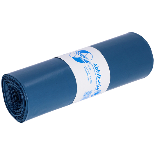 Ein blauer aufgerollter DEISS Müllsäcke 70L von EMIL DEISS KG (GmbH + Co.), aus Recycling-LDPE, mit weißem Etikett mit blauer Grafik und deutschem Text; Größe: 575x1000x0,07 mm, ideal für die tägliche Abfallentsorgung.