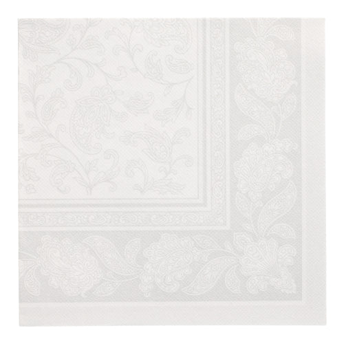 PAPSTAR 50 Servietten "ROYAL Collection" 1/4-Falz, 40 x 40 cm, weiße Papierservietten der PAPSTAR GmbH mit geprägtem Blumen- und Paisleymuster am Rand und in der Mitte für eine zarte, strukturierte Optik.