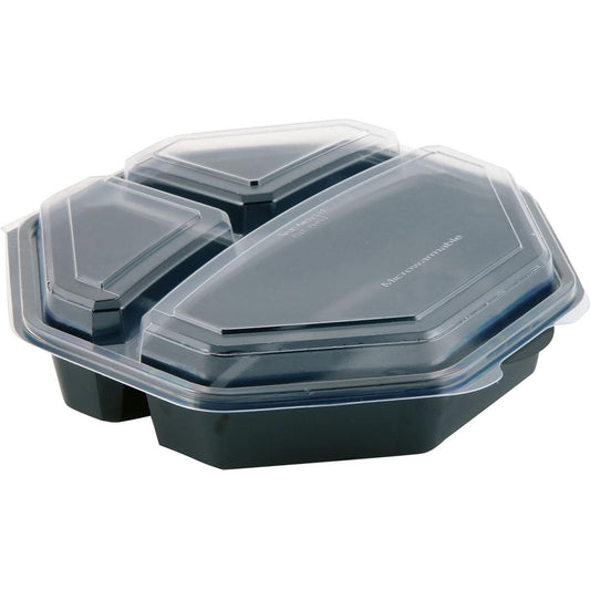 Abgebildet ist eine geschlossene Octaview® 3 Lebensmittelschale der Duni GmbH in schwarz mit klarem Deckel (230x230x60 mm, 3 Fächer) auf weißem Hintergrund.