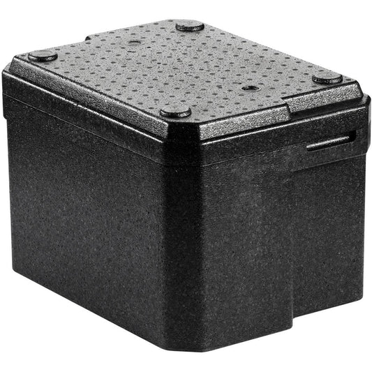 Die Duni GmbH Thermobox 1 Schwarz EPP ist eine schwarze rechteckige EPP-Box mit strukturiertem Deckel und abgerundeten Ecken, die zur Isolierung und Aufbewahrung konzipiert wurde - perfekt als Lebensmitteltransportbox für den gastronomischen Einsatz.