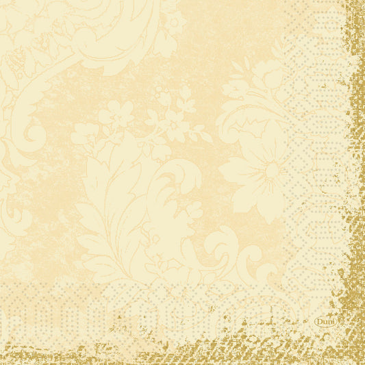 Die Duni GmbH Zellt.-Servietten 33x33 cm, 3-lagig in Royal Cream zeichnen sich durch ein charmantes Vintage-Design mit floralen und ornamentalen Mustern, gepunkteten Spitzenbordüren und goldenen Akzenten aus. Die Packung enthält 250 Servietten.