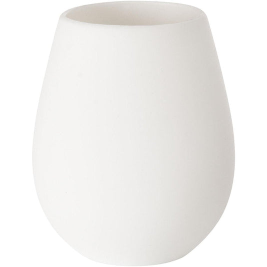 Ein weißer LED-Kerzenhalter aus Silikon von Duni GmbH mit tropischem Design und matter Oberfläche, mit einer abgerundeten, leicht konischen Form und einer weiten Öffnung, dargestellt vor einem weißen Hintergrund. Packung: 1 Behälter.