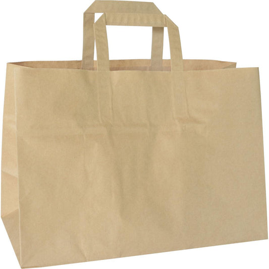 Eine Take-Away Tasche Braun Papier FSC 360x170x257 von Duni GmbH steht leer und aufrecht auf weißem Hintergrund. Die umweltfreundliche Tragetasche aus FSC-zertifiziertem Papier mit zwei Flachhenkeln zeigt sichtbare Falten. Packung: 200 Stück.