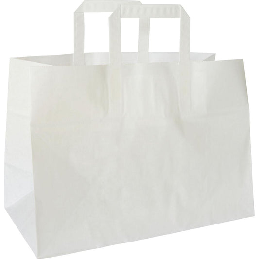 Die Take-Away Tasche weiß Papier FSC 350x170x245 von Duni GmbH steht mit quadratischen Griffen aufrecht auf weißem Hintergrund. Die rechteckige, umweltfreundliche Verpackung (Packung à 200 Stück) wirkt leer und besteht aus FSC-zertifiziertem Papier.