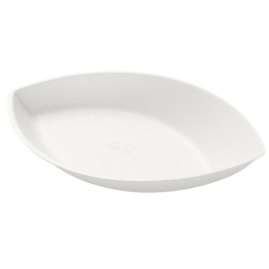 Der Piatto 140 ml, Bagasse Teller von Duni GmbH (175x104x35 mm, 35 Stück) aus weißer Bagasse ist umweltfreundlich und biologisch abbaubar - mit flacher, geschwungener Form und leicht erhöhtem Rand.