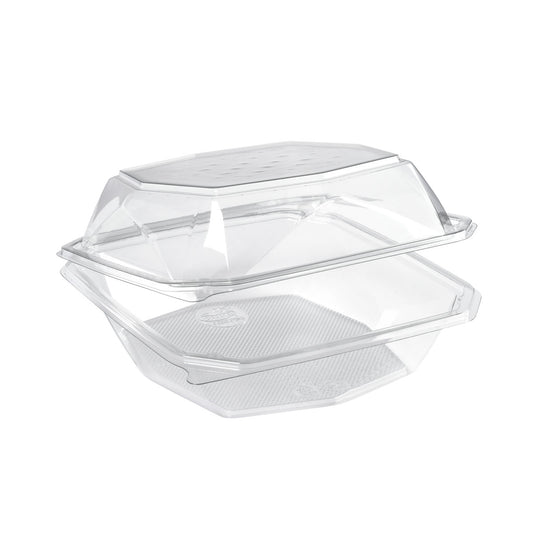 Ein geöffneter rPET Octaview® M+ Transparent rPET 185x185x90 Clamshell Container von Duni GmbH, der sowohl den Deckel als auch den Boden zeigt; eine saubere, klare Verpackung, ideal für Lebensmittel. Packung (255 Stück).