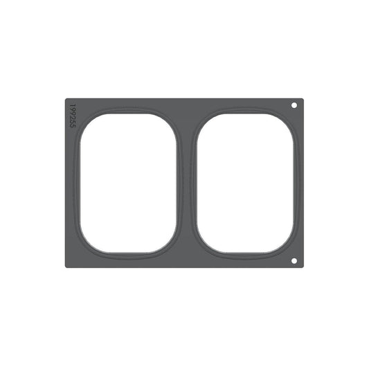 Ein rechteckiger grauer Rahmen der Duni GmbH, Kassette DF 10/DF20 für Brick Medium (2-nutzig), mit zwei runden Ausschnitten nebeneinander, "19255" vertikal auf dem linken Rand gedruckt und zwei kleinen kreisförmigen Löchern auf der rechten Seite.