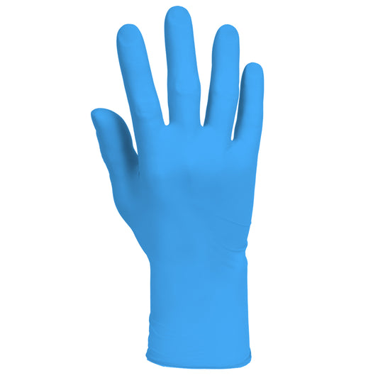Ein einzelner Kimberly-Clark GmbH KleenGuard® G10 blauer Nitrilhandschuh (24 cm, XS, beidhändig tragbar) ist aufrecht mit ausgestreckten Fingern und nach vorne gerichteter Handfläche vor weißem Hintergrund abgebildet; erhältlich in 10 Spenderboxen mit je 100 Handschuhen.