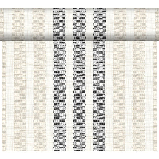 Das DC-Tete a Tete 0,4x24m Rigato black von Duni GmbH zeichnet sich durch elegante vertikale Streifen in Schwarz, Beige und Off-White mit unterschiedlichen Breiten und sichtbarem Geflecht aus - perfekt für moderne Tischdeko bei Events. Packung (1 Stück), teils entrollt.