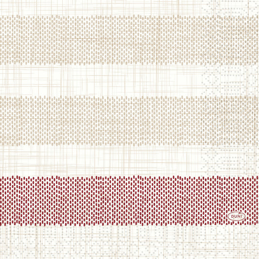 Die Duni GmbH Zellt.-Serv.33 3lg 1/4 Rigato bordeaux Servietten haben drei horizontale Bänder mit kleinen, gleichmäßig verteilten Punkten - zwei beige, eine bordeauxrot - mit schwachen Gitterlinien und einem kleinen roten "DUNI"-Oval in der rechten unteren Ecke. Packung mit 250 Stück.