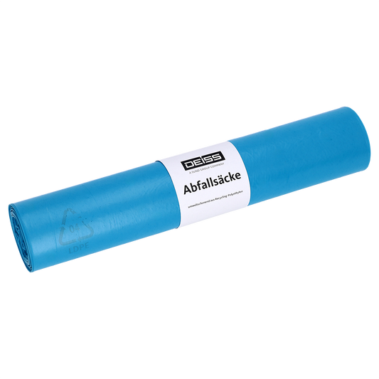 Abgebildet ist eine blaue Rolle DEISS 20740 Müllsäcke (575x1000 mm, 25 Stück) der EMIL DEISS KG (GmbH + Co.) mit weißem Etikett auf einfarbig weißem Hintergrund.