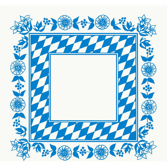 Eine quadratische Dunicel Mitteldecke 84x84 cm von Duni GmbH mit blau-weißer Bayer-Raute-Bordüre, blauem Blumenrahmen auf weißem Grund und einer leeren Mitte - perfekt für eine stilvolle Tischdekoration. Packung: 20 Stück.