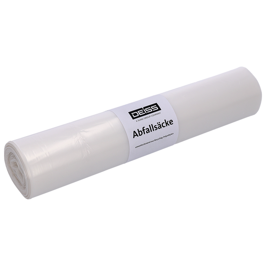 Eine Rolle DEISS 29703 Trash Bags (575x1000 mm Typ 60, transparent, 25 Stück) von EMIL DEISS KG auf unifarbenem Hintergrund - perfekt für eine effiziente Abfallentsorgung.