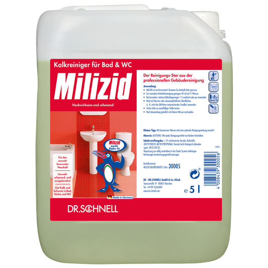 Ein 5-Liter-Gebinde von Dr. Schnell MILIZID KALKREINIGER der DR.SCHNELL GmbH & Co. KGaA, mit einem deutschen Etikett, das Badarmaturen und einen Cartoon-Pinguin zeigt, der die Produktflasche hält.