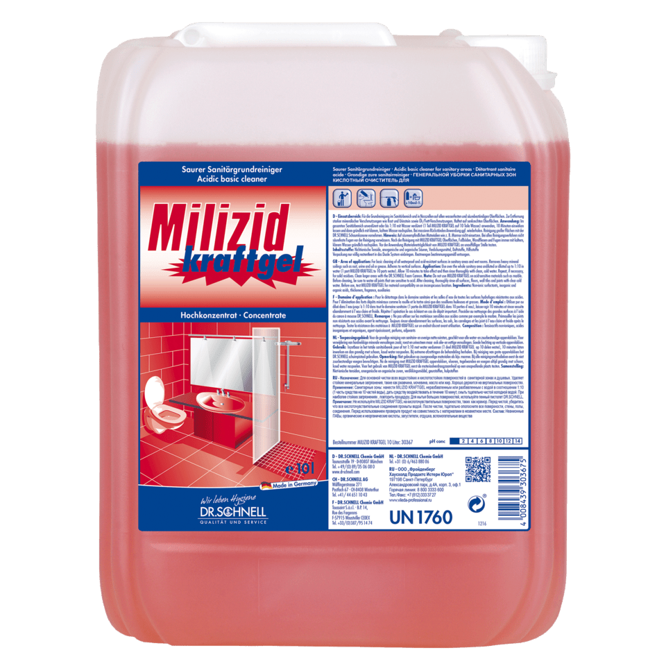 Ένα μεγάλο, διαφανές πλαστικό δοχείο από Dr. Schnell Καθαριστικό υγρών χώρων MILIZID Kraftgel (όξινο, για βαθύ καθαρισμό) της DR.SCHNELL GmbH & Co. KGaA, γεμάτο με κόκκινο υγρό και με γερμανικές οδηγίες για την απομάκρυνση ορυκτών αποθέσεων.
