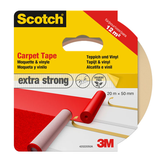 Verpackung für Scotch® Teppichklebeband, 42022050 von 3M Deutschland GmbH, weiß, 50 mm x 20 m; "extra starkes" Klebeband, abgebildet auf Teppich/Vinyl für Reparaturen. Eine Rolle deckt bis zu 12 m² ab.