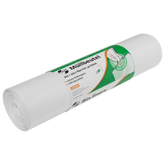 Eine Rolle weißer Müllbeutel DEISS 36004 der EMIL DEISS KG (GmbH + Co.), beschriftet in Deutsch und Englisch mit einer Hand, die einen Beutel zieht und dem Text "Easy opening". Enthält 50 Beutel mit den Maßen 305+305x850 mm.