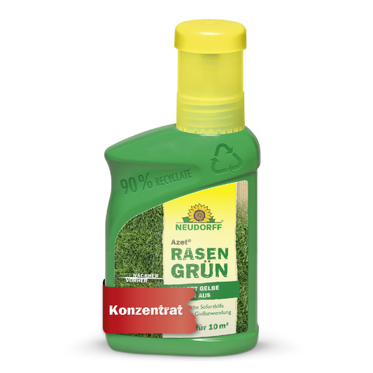Azet RasenGrün von Neudorff Shop kommt in einer grünen Kunststoffflasche (90% recycelt), gelber Verschluss, Grasbild, und ist ein Rasenpflegekonzentrat für 10 m², das saftig grünen Rasen in nur 4 Tagen verspricht.
