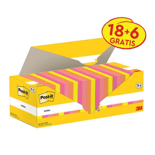 Eine geöffnete gelb-weiße 3M Post-it® Haftnotizbox (76 x 76 mm, 100 Blatt/Block, 100% PEFC) mit dem rot-gelben Etikett "18+6 GRATIS" gibt den Blick auf einen Stapel rosa, gelb und orange gestreifter Haftnotizen frei. Marke: 3M Deutschland GmbH.