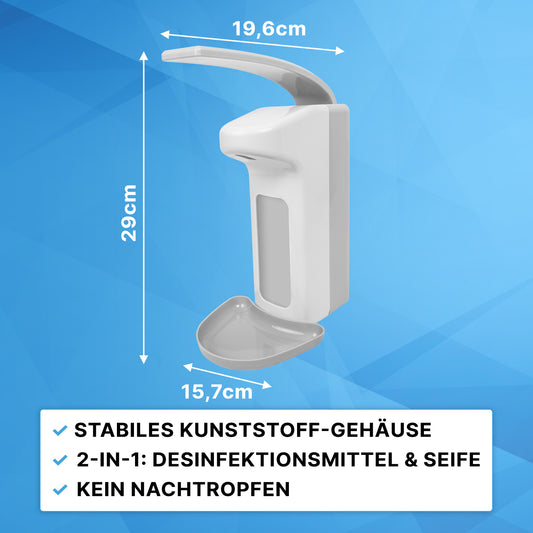 Der ARNOMED DISPENSER ABS von ARNOWA GmbH aus robustem ABS-Kunststoff (29 x 19,6 x 15,7 cm) ist ein manueller Seifen- und Desinfektionsmittelspender mit tropffreier 2-in-1 Funktion für Seife und Desinfektionsmittel.