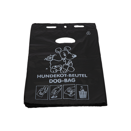 Der DEISS 55810 Hundekotbeutel der EMIL DEISS KG ist ein schwarzer, umweltfreundlicher Hundekotbeutel (250x310+30x0,015 mm) mit Cartoon-Hundemotiv, "HUNDEKOT-BEUTEL DOG-BAG"-Schriftzug, weißer Anleitung und praktischen Griffausschnitten; erhältlich in Kartons zu 2000 Stück.