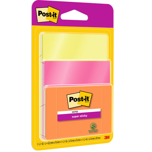 Eine Packung 3M Post-it® Super Sticky Notes (76x76 mm, je 45 Blatt, 3 Blöcke/Packung) in verschiedenen Farben, 100% PEFC-zertifiziert (SGSCH-PEFC-COC-110078), in durchsichtiger Verpackung mit dem Logo der 3M Deutschland GmbH.