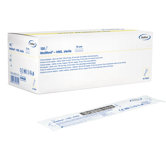 MaiMed - αποστειρωμένο ξύλινο στοματικό πιεστήριο HMS, μήκους 15cm, 100x1 τεμ. αποστειρωμένη συσκευασία | Κουτί (100 τεμάχια)