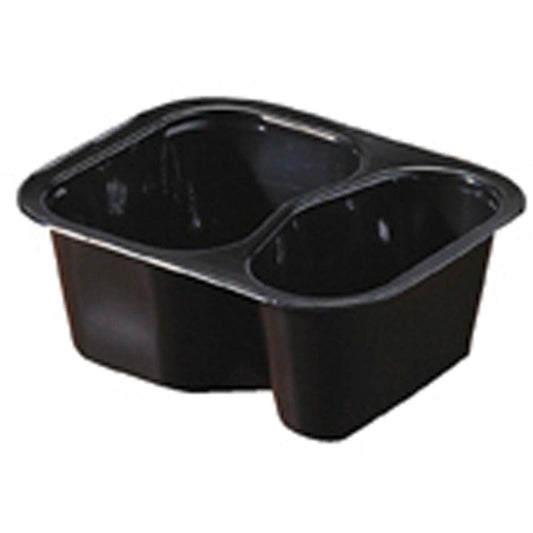 Das Duni GmbH PP-Schälchen 2 Schwarz PP 138x114x53, leer auf weißem Hintergrund abgebildet, ist ein schwarzes Zwei-Kammer-Schälchen (Packung: 480 Stück), ideal für die Verpackung von Fertiggerichten oder Tiefkühlkost in der Gastronomie.