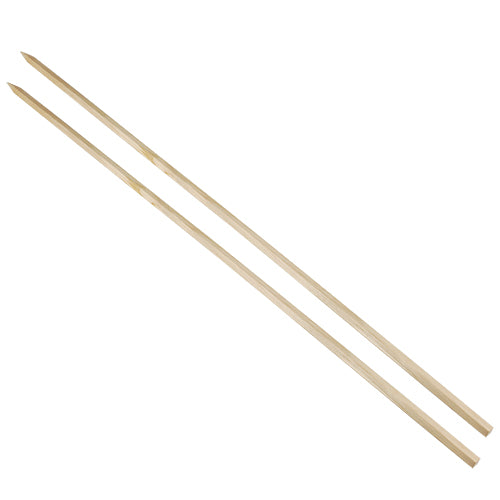 Zwei lange PAPSTAR Grill-Spieße "pure" (80 cm, ideal für Steckerlfisch, 20 Stück) der PAPSTAR GmbH sind diagonal auf weißem Grund positioniert.