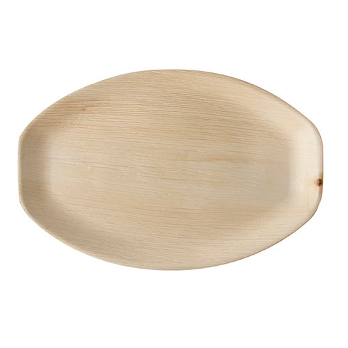 Das PAPSTAR Palmblatt Tablett "pure" oval, 37x25 cm, umweltfreundlich und biologisch abbaubar (25 Stück), aus Schrumpffolie von PAPSTAR GmbH, ist leer und wurde von oben vor weißem Hintergrund fotografiert.