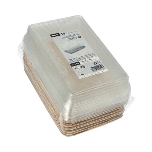 Starpak 10 Sushi-Schalen Palmblatt eckig mit rPET Deckel „Kombipack“: Zehn rechteckige Palmblatt-Behälter mit braunen Basen und rPET-Deckeln, etikettiert mit Produkt- und Recyclinginfos – ideal für frische Sushi-Gerichte.