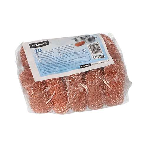 Eine durchsichtige Kunststoffpackung enthält 10 Starpak Kupfer-Topfreiniger rund Ø 9 cm · 3 cm, jeder robust für eine effiziente Reinigung, mit einem blau-weißen Etikett mit Produktinformationen und Strichcode.