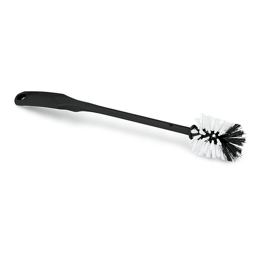 Die Nölle Profi Brush Urinalbürste aus Regranulat von Nölle Profi Brush Bürsten- & Pinseltechnik e.K. hat einen langen schwarzen Stiel und einen runden Kopf mit weißen und schwarzen Borsten, die auf einem schlichten weißen Hintergrund abgebildet sind.