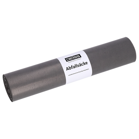 Abgebildet ist eine Rolle EMIL DEISS KG DEISS Abfallsäcke aus Recycling-LDPE 60 l - grau (25 Stück) mit einem weißen Etikett auf weißem Hintergrund.