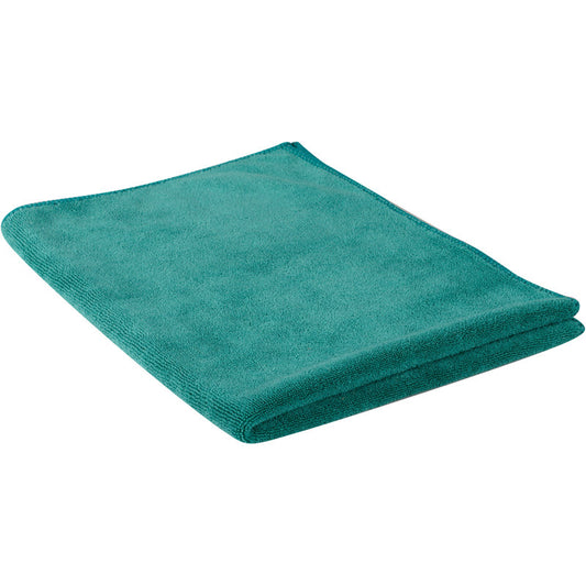 Abgebildet ist ein gefaltetes grünes Mikrofasertuch ENA Platin Fenstertuch (40x50 cm, 10er Pack) von Abena Re-Seller GmbH auf weißem Hintergrund. Das Tuch hat fertige Kanten, eine weiche Textur und ist ideal für eine streifenfreie Reinigung.