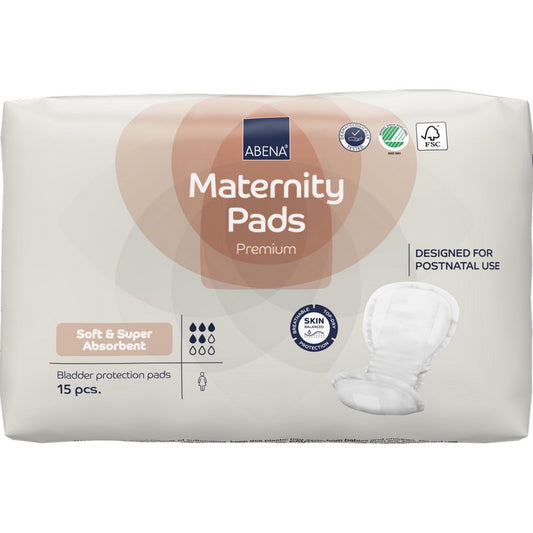 Eine Packung ABENA Maternity Pad, Premium von Abena Re-Seller GmbH enthält 15 weiche, saugstarke Einlagen für die Zeit nach der Geburt, deren Zertifizierungssymbole auf der Verpackung sichtbar sind.