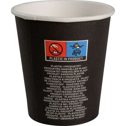 Der Kaffeebecher "Beans" von Abena Re-Seller GmbH hat ein schwarzes Design mit durchgestrichenem Plastiksymbol und mehrsprachigem "PLASTIC IN PRODUCT"-Label - ein umweltfreundlicher Stil, ideal neben Ihrer Lieblingskeramik-Tasse.