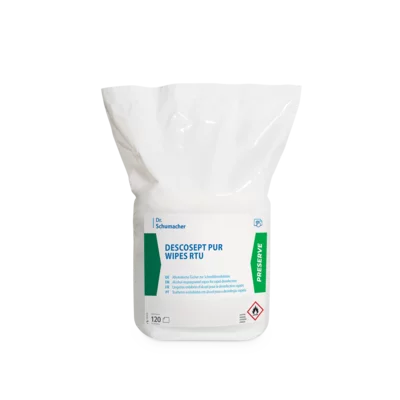 Ein weißer Kunststoffbeutel mit der Aufschrift "Dr. Schumacher DESCOSEPT PUR WIPES RTU | Spender (120 Tücher)" der Dr. Schumacher GmbH ist mit blauer und grüner Schrift, einem chemischen Gefahrensymbol und einem Abreißverschluss versehen - ideal für die Desinfektion von medizinischen Geräten.