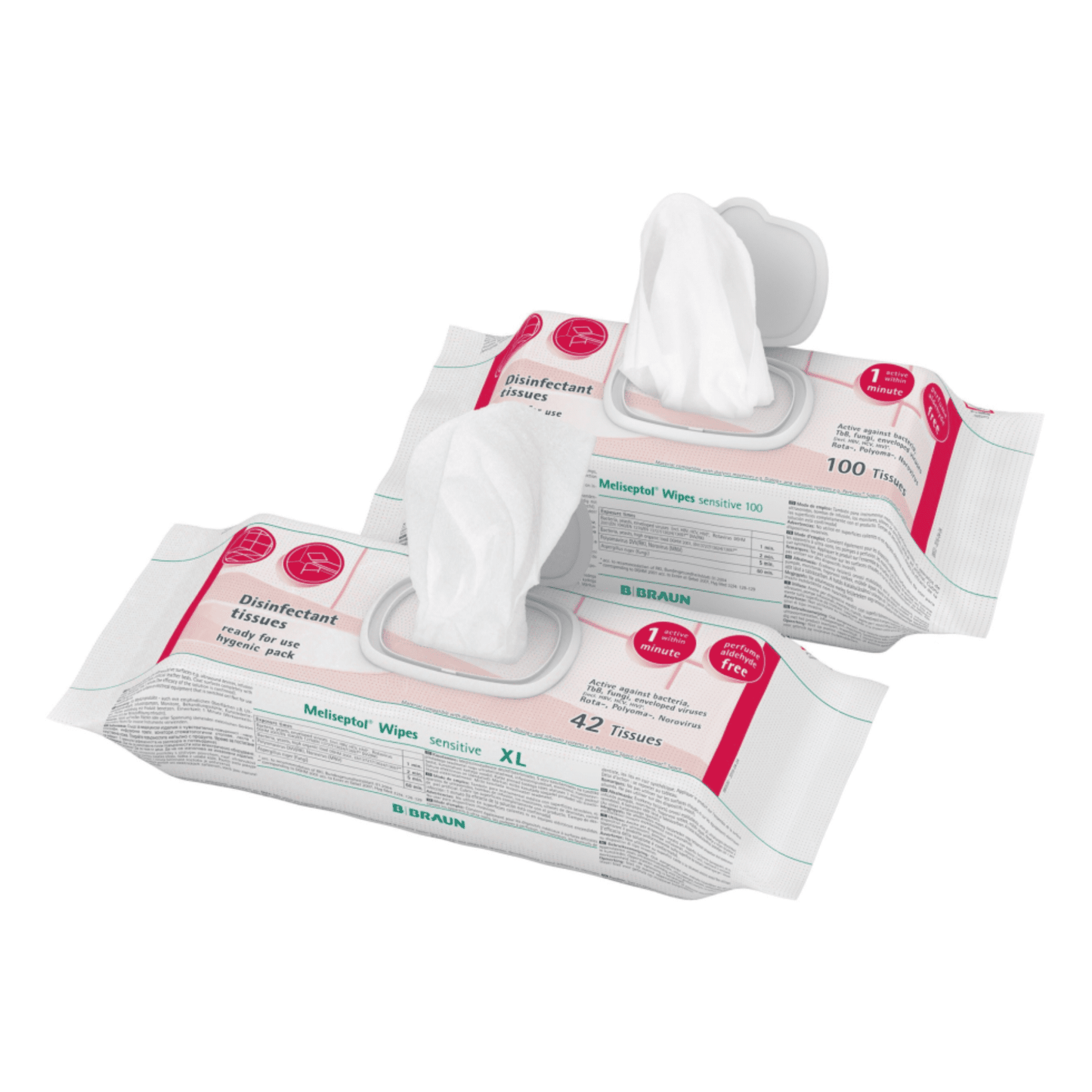 Θα χρειαστούν δύο συσκευασίες B. Braun Meliseptol® Wipes sensitive – απολυμαντικά μαντηλάκια. Η πρώτη συσκευασία, που προσφέρεται από B. Braun Η Deutschland GmbH & Co. KG περιέχει 100 μαντηλάκια, ενώ η δεύτερη συσκευασία, με την ένδειξη XL, περιέχει 42 μαντηλάκια. Και οι δύο συσκευασίες είναι λευκές και φέρουν εκτυπωμένο κείμενο και λογότυπα. Ιδανικές για γρήγορη απολύμανση, κάθε συσκευασία διαθέτει ένα μαντηλάκι που έχει ήδη τραβηχτεί εν μέρει για εύκολη πρόσβαση.