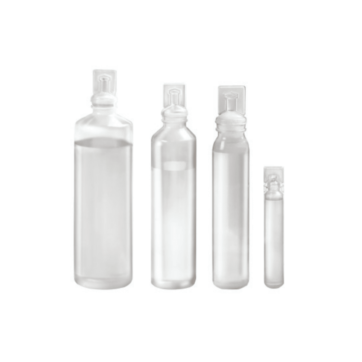 Τέσσερα διαφανή B. Braun NaCl 0,9% Ecolav® Τοπικό διάλυμα έκπλυσης – φιάλες, παρασκευασμένο από B. Braun Deutschland GmbH & Co. KG, είναι διατεταγμένα σε σειρά από το μεγαλύτερο προς το μικρότερο. Κάθε φιάλη έχει σχεδιαστεί για διάλυμα NaCl 0,9% και διαθέτει σφραγισμένο, επίπεδο πώμα με μινιμαλιστικό σχεδιασμό, χωρίς ορατές ετικέτες ή σημάνσεις.