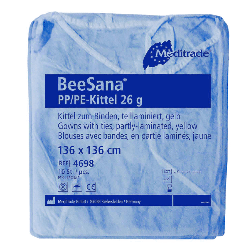 Μια μπλε συσκευασία με ποδιά Meditrade BeeSana® PP/PE 26 g, σε συσκευασία των 10 τεμαχίων, με ετικέτα που αναγράφει λεπτομέρειες για το προϊόν, όπως υλικό, χρώμα, μέγεθος και ποσότητα συσκευασίας. Αυτή η ποδιά έχει σχεδιαστεί ως μέσο προστασίας.