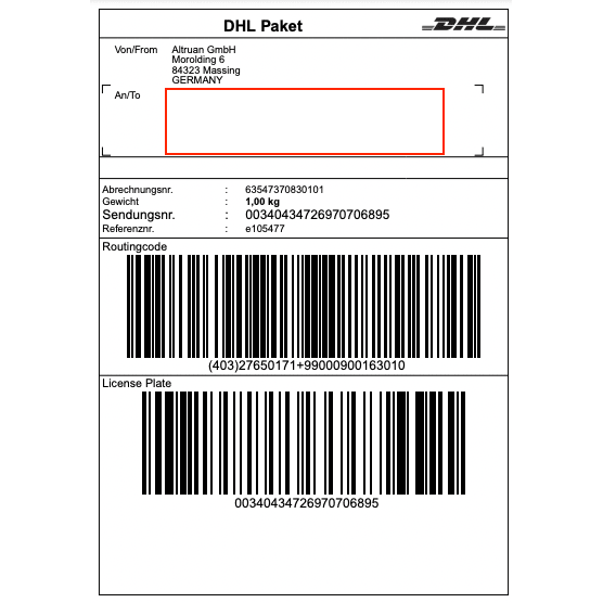 Μια ετικέτα DHL της Altruan GmbH (Morolding 6, 84323 Massing, Γερμανία) περιλαμβάνει γραμμωτούς κώδικες και ένα βάρος 1,00 kg με τον αριθμό παρακολούθησης 00340434276970706895. Η διεύθυνση παραλήπτη είναι κενή για ενημερώσεις μέσω της εφαρμογής PackMaster: Weclapp Logistik Packing App για τη βελτίωση της αποτελεσματικότητας των ετικετών αποστολής.