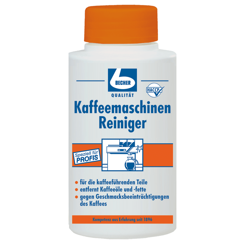Η Dr. Becher Καθαριστικό για καφετιέρες, φιάλη των 1000 g Dr. Becher Η GmbH είναι ένα λευκό πλαστικό μπουκάλι με μπλε και πορτοκαλί γράμματα, γερμανικές οδηγίες χρήσης και λογότυπα ποιότητας/HACCP – ιδανικό για τον καθαρισμό και τη συντήρηση καφετιέρων.