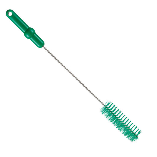 Die Haug Bürsten KG Haug Rohrbürste mit V2A Edelstahldraht PBT Mittel 500 x ø40 mm in grün, mit steifen Borsten und einem langlebigen gedrehten Stiel, ist ideal für die hygienische Rohrreinigung; isoliert auf weißem Hintergrund dargestellt.