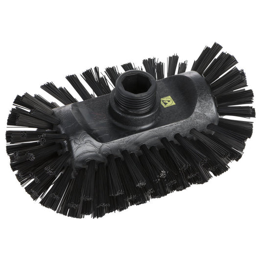 Die ESD KESSELBÜRSTE,NYL6.0SCHWARZ ø0,50MM HART,200X125X35MM von Haug Bürsten KG ist eine ovale, schwarze Reinigungsbürste mit dichten, steifen Borsten und einem zentralen Gewindeloch zur Befestigung des Stiels, dargestellt auf weißem Hintergrund.