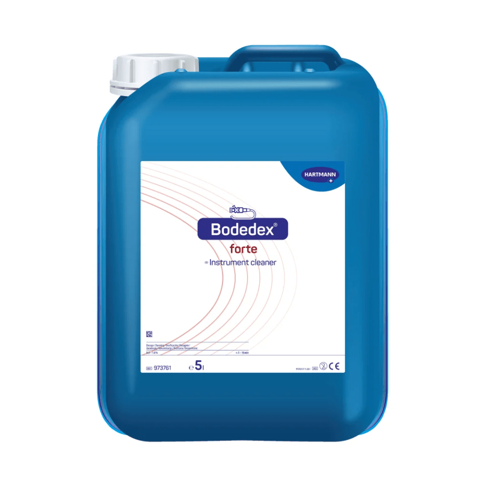 Ένα μπλε πλαστικό δοχείο με την επιγραφή «Hartmann Bodedex® forte Καθαριστικό Οργάνων» της Paul Hartmann AG, με ένδειξη στάθμης πλήρωσης και πολυγλωσσικές περιγραφές προϊόντος.