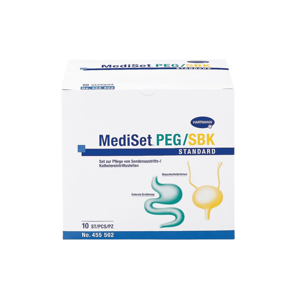 Εικόνα ενός κουτιού με την ένδειξη «Hartmann MediSet PEG/SPK Standard Katheter-Set, steril». Το προϊόν αυτό της Paul Hartmann AG περιέχει 10 σετ για τη φροντίδα του καθετήρα. Στην μπροστινή πλευρά απεικονίζονται το πεπτικό σύστημα και ο καθετήρας, ενώ στη συσκευασία αναγράφεται ο αριθμός προϊόντος 455 502 και κείμενο στα γερμανικά.