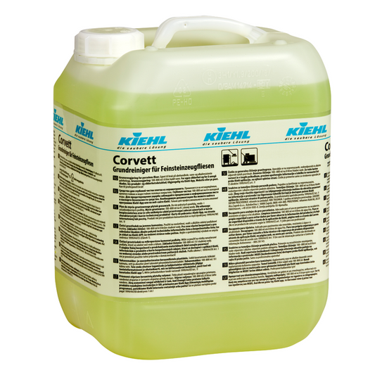 Ein transluzenter gelber Kunststoffbehälter mit Henkel und Schraubverschluss mit der Aufschrift "Kiehl Corvett Grundreiniger für Feinsteinzeug-Fliesen" der Johannes Kiehl KG zeigt mehrsprachige Produktinformationen zur effektiven Reinigung von Feinsteinzeugfliesen.