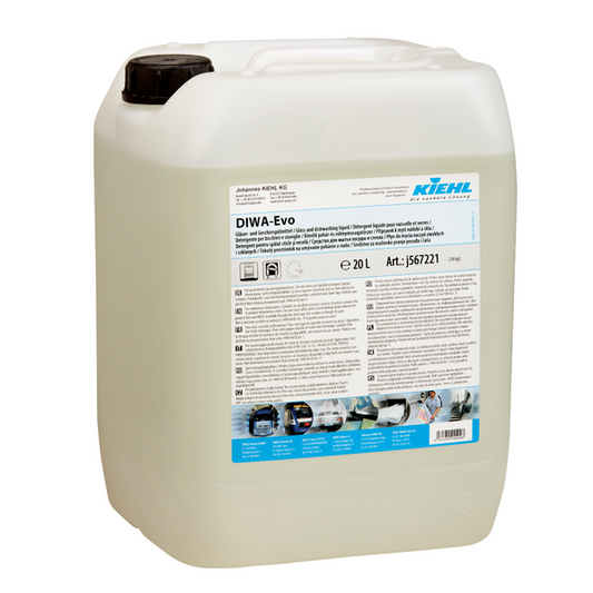 Ein 20-Liter-Behälter aus durchsichtigem Kunststoff mit schwarzem Schraubverschluss, beschriftet mit "Kiehl DIWA-Evo Gläser- und Geschirrspülmittel" der Johannes Kiehl KG. Das blau-weiß-schwarze Etikett enthält Hinweise und Gefahrensymbole.